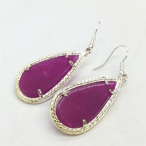 PURPLE NEPHRITE JADE TEAR DROP EARRINGS SILVER TONE DANGLE DROP CAGED - Picture 9 of 10